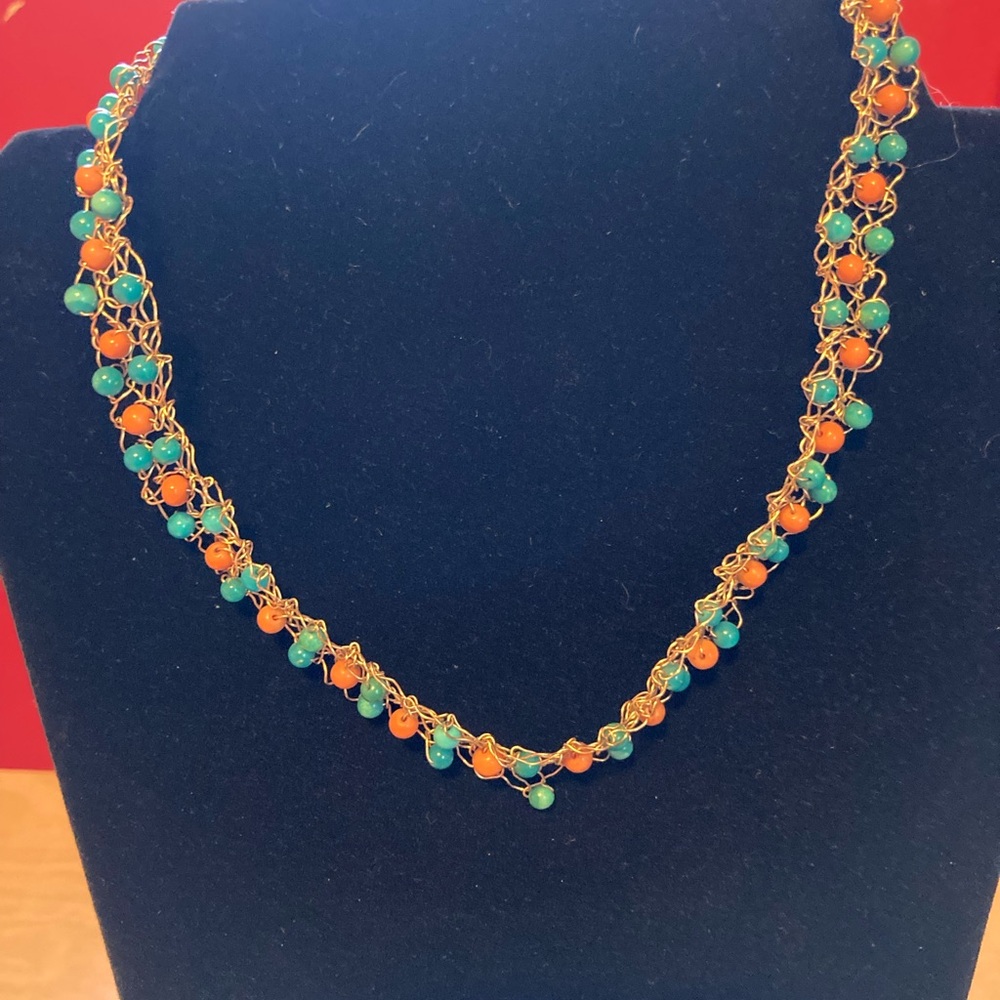 Gold Thread weaved with Coral & Turquoise Beads